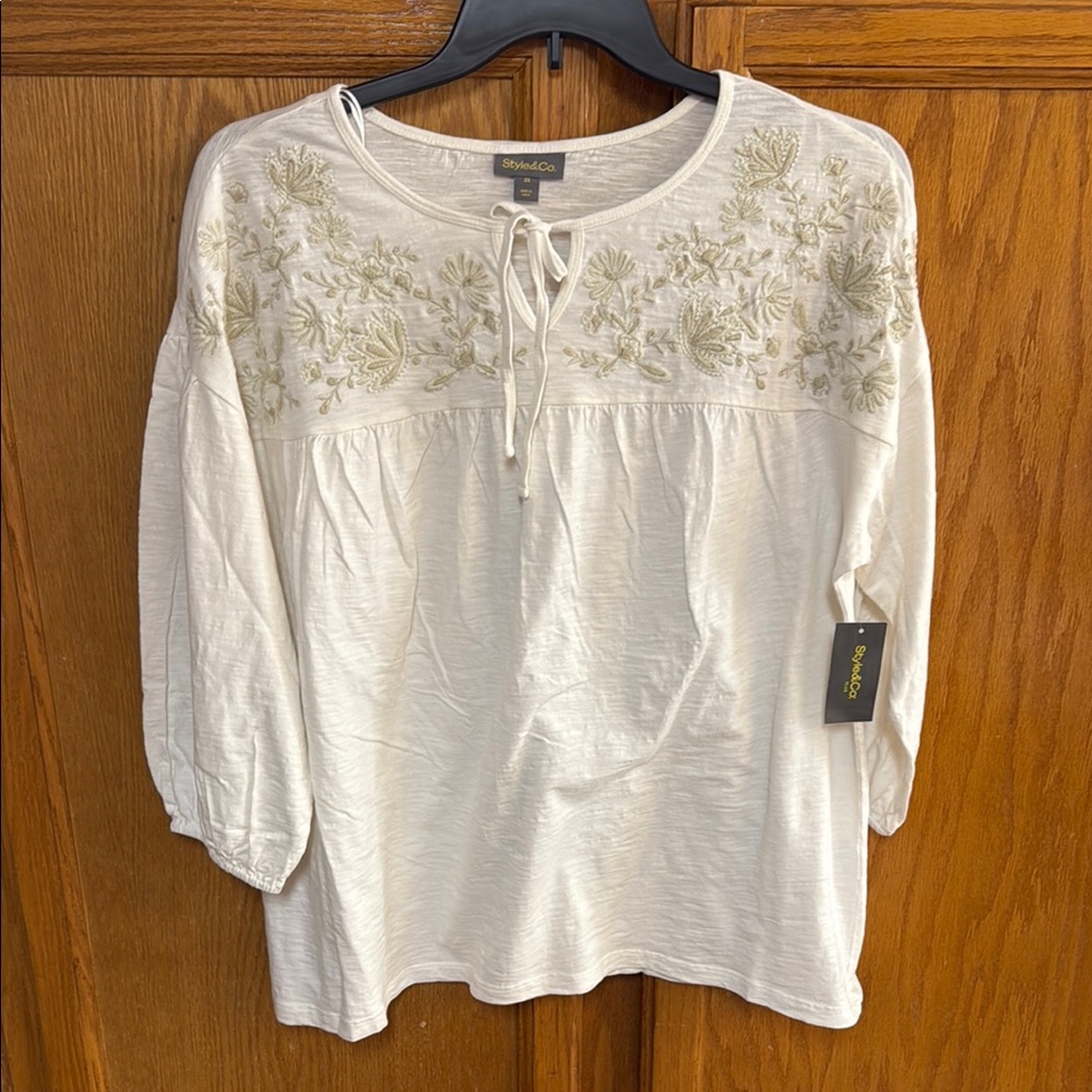 Style & Co White Tie Front Bib Collar Blouse